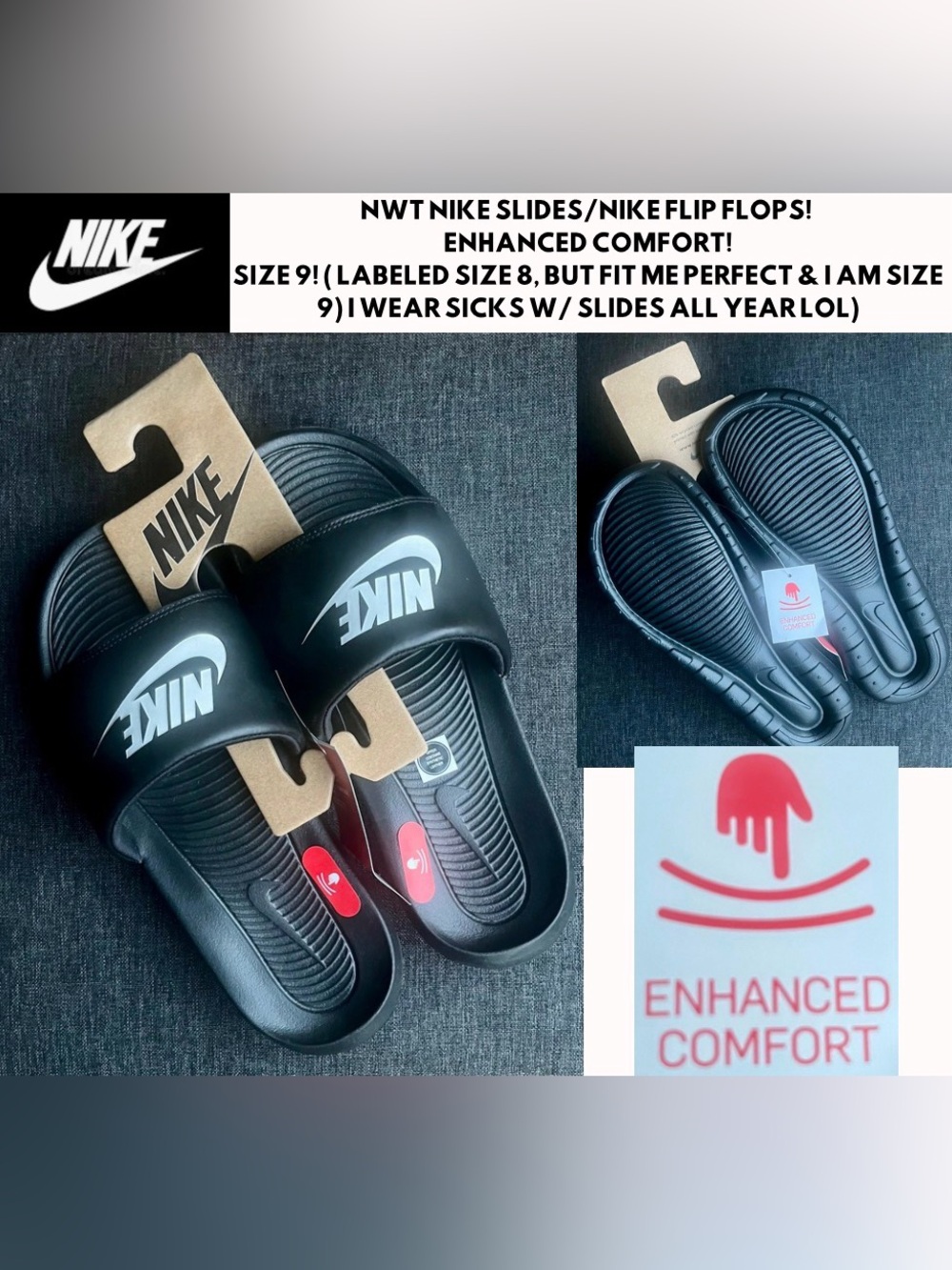 NWT NIKE ENHANCED COMFORT SLIDES! SIZE 9! BUNDLE W/ NWT SIZE S NIKE SWEATS &…